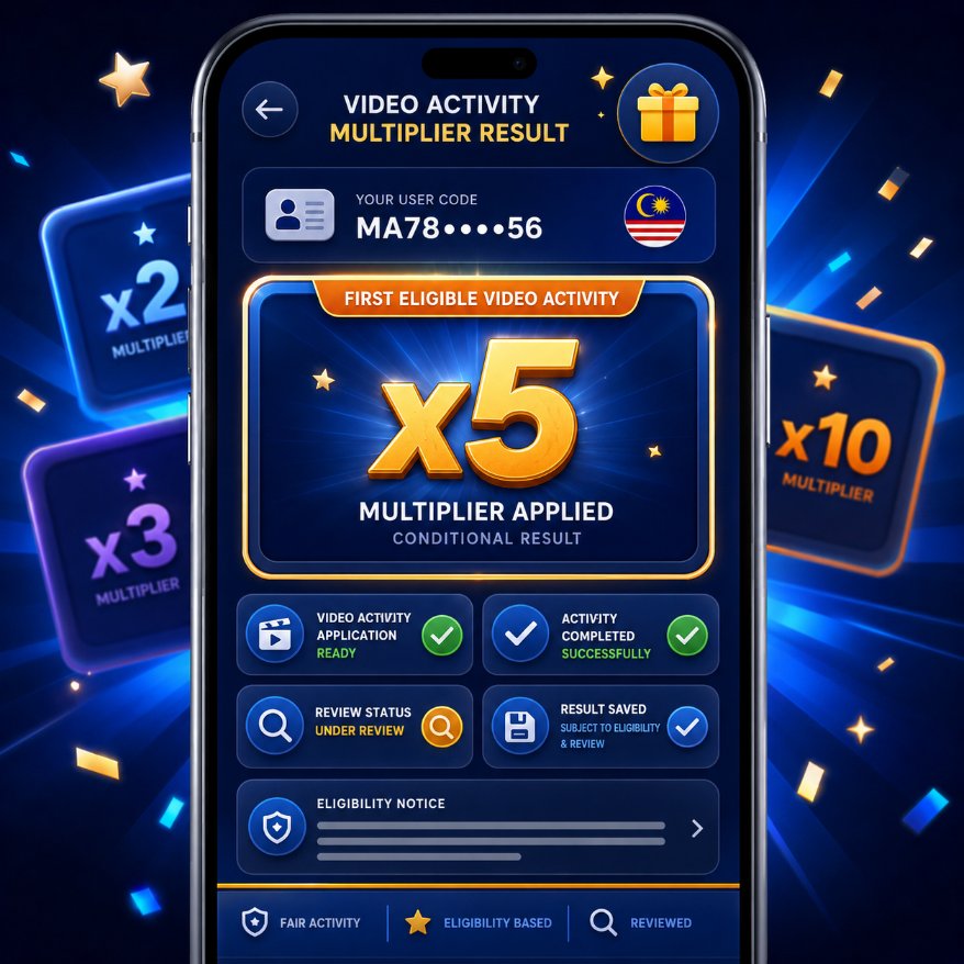 Paparan keputusan pengganda x5 untuk aktiviti video pertama yang layak